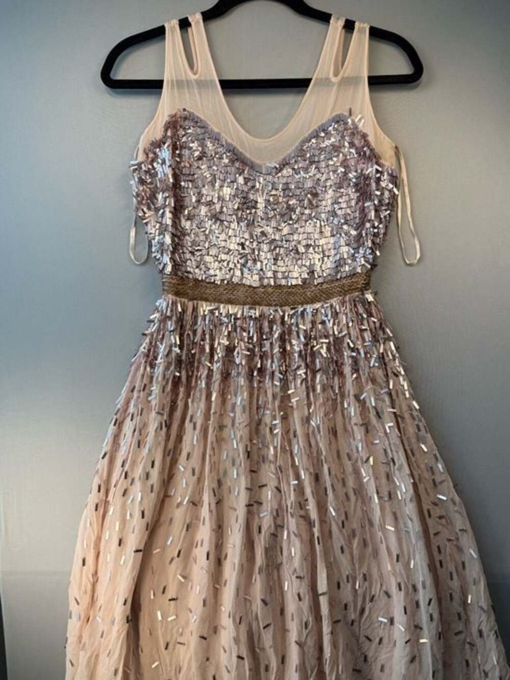 French Connection Blush Sequin Cocktail Dress US 0 Sheer Mesh Fit & Flare Party